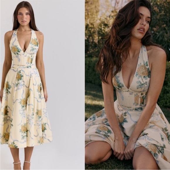 House of CB Dresses & Skirts - House of CB Allena lemon ribbon stretch cotton halter midi sundress